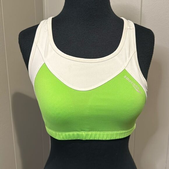 Saucony white/lime color block racerback sports bra. Small. - Picture 1 of 4